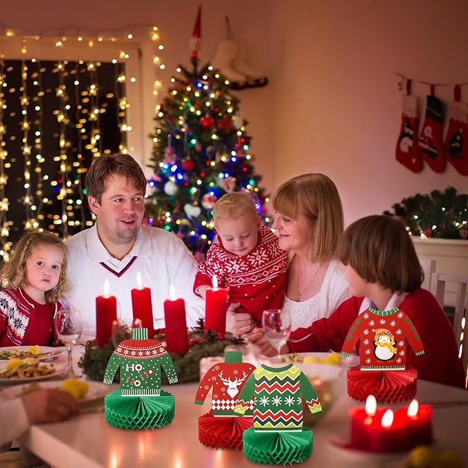 Christmas Ugly Sweater Party Decorations Honeycomb Centerpieces for Christmas Sweater Party 3D Table Topper Decorations Ugly Cutouts Merry Christmas Winter Holidays Supplies, 6 Styles