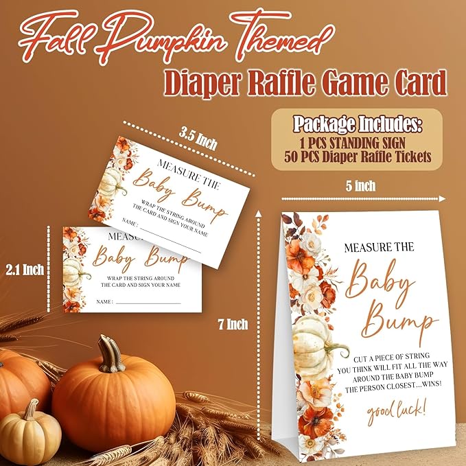 Little Pumpkin Measure The Baby Bump - Thanksgiving Baby Shower Card Set (1 Sign With 50 Guess Cards), Fall Gender Reveal Party Favor Supplies -A12