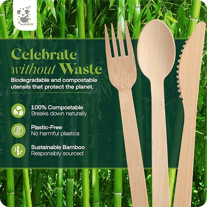 Pre Rolled Napkin and Bamboo Cutlery Set - 30 Pack Bamboo Utensils Wooden Cutlery 30 Forks 30 Knives 30 Spoons 30 Napkins, Pre Wrapped Disposable Silverware Cutlery for Party, Wedding, Events