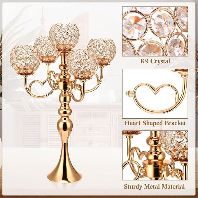 2 Pack 5 Arm Crystal Candelabra Centerpieces 21.5 Inch Tall Candle Holder Table Candelabra Stand with Crystal Candle Holder Bowl for Home Wedding Anniversary Dinner Party Table Decoration (Gold)