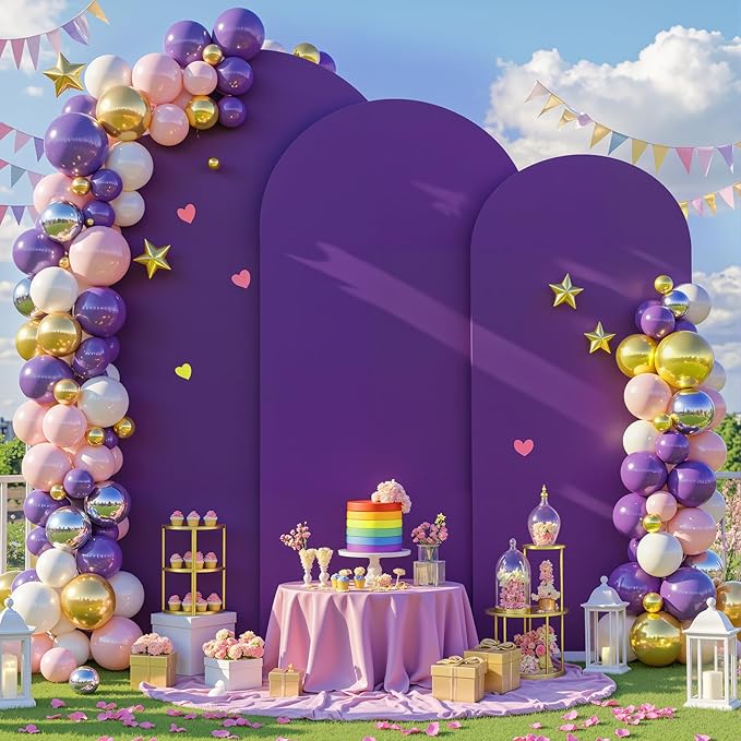 (7.2FT, 6.6FT, 6FT) Wedding Arch Cover Set of 3 Puple Spandex Fitted Arch Cover for Round Top Chiara Backdrop Stand Covers for Birthday Party Banquet Photo Background Decoration