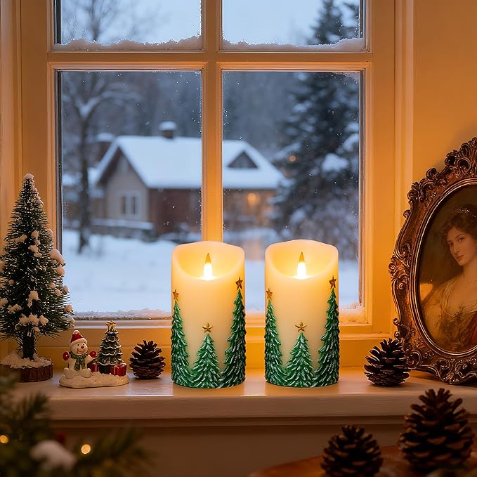 Christmas Tree Flameless Candles with Remote and Timer, Real Wax LED Pillar Candle with Flickering Flame, Embossed Design, Battery Operated Candles Xams Holiday Home Décor