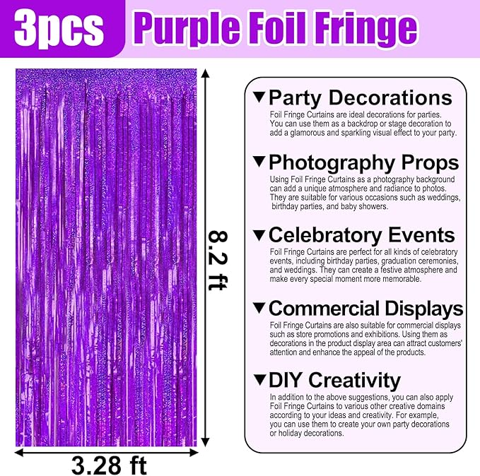 3 Pack Purple Foil Fringe Curtain Backdrop, 3.28Ft x 8.2Ft Metallic Tinsel Foil Fringe Streamer Curtains for Photo Booth, Mother's Day, Easter, Birthday, Wedding Party Decorations