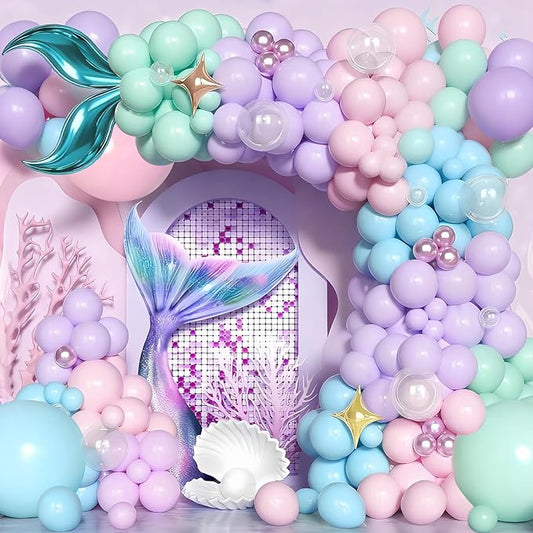 Mermaid Balloon Arch Kit 145pcs Purple Pastel Pink light Blue Balloons with Mermaid Tails Foil Balloons Garland for Ocean Themed Party Baby Shower Decorations