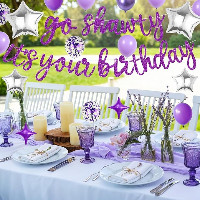 Purple Go Shawty It's Your Birthday Banner Balloons Set, Glitter Happy Birthday Banner with Purple Silver Confetti Balloon Star Foil Balloon for Girls Women Hip Hop Rap Theme Birthday Party Decoration