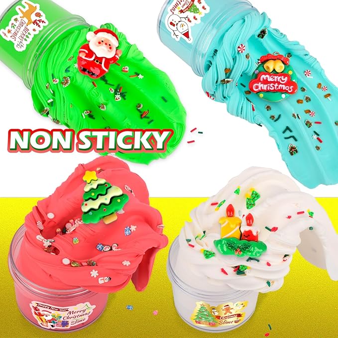 Christmas Butter Slime Kit 4 Pack, Santa Claus, Xmas Tree, Wreath, Candlestick Charms Mix Ins for Girl Boy, Holiday Slime for Christmas Stocking Stuffers, Premade Xmas Slime Kids Party Favors
