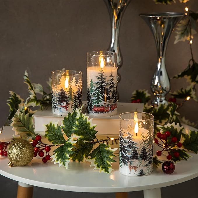 LUSHABOR Christmas Flameless Candles, 3 Pack Battery Operated Candles for Christmas Mantel Decor, Glass LED Flickering Candles Home Xmas Party Holiday D3 H4 5" 6", Trees