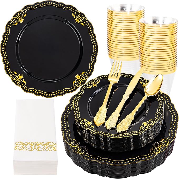 Ciaell 175 PCS Black and Gold Plastic Plates - Black Disposable Dinnerware Set with 50 Plates, 25 Knives, 25 Forks, 25 Spoons, 25 Cups, 25 Napkins for New Year’s Day, Parties and Weddings