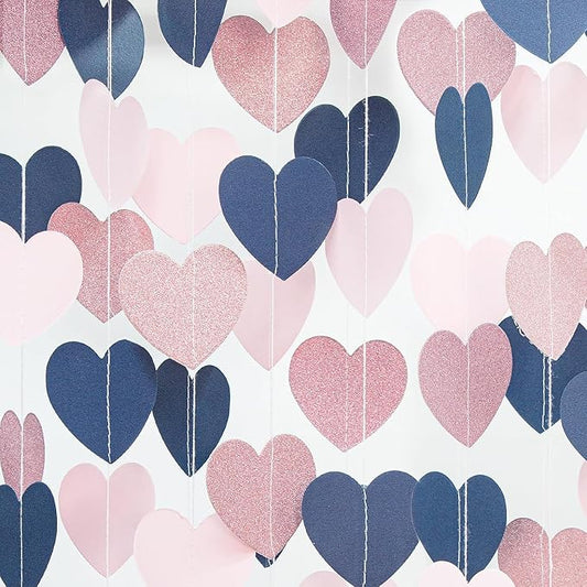 Navy-Blue Pink Rose-Gold Party Decorations - 52Ft Paper Heart Garland Streamers for Baby Shower, Gender Reveal, Birthday, Engagement, Bachelorette, Wedding