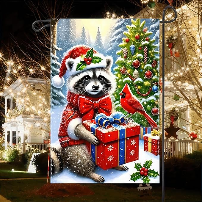 Christmas Garden Flag Double Sided 12x18 Flag Winter Raccoon Flag Cute Raccoon In Santa Hat Cardinal Bird And Festive Gift Boxes Charming Holiday Outdoor Decorations Great For Home Banner