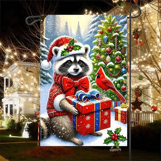 Christmas Garden Flag Double Sided 12x18 Flag Winter Raccoon Flag Cute Raccoon In Santa Hat Cardinal Bird And Festive Gift Boxes Charming Holiday Outdoor Decorations Great For Home Banner