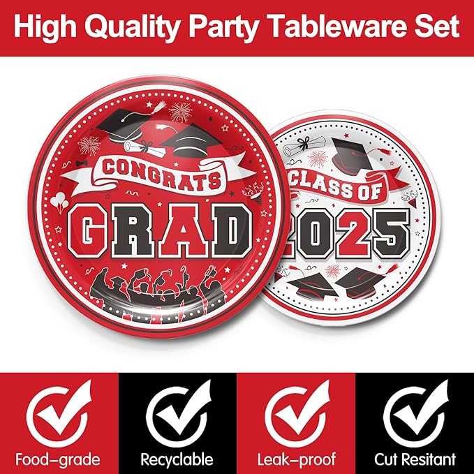 Graduation Decorations Class of 2025 - Red Graduation Party Supplies 2025 Include Plates, Cups, Napkins, Cutlery, 24 Guests