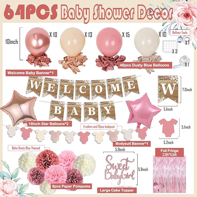 Dusty Pink Baby Shower Decoration, Girl Baby Shower Decor Set with Welcome Baby Banner,Tissue Pom Poms,Sweet Baby-girl Cake Topper,Retro Blush Rosegold Balloon,Boho Baby Gril Shower Party Supplies
