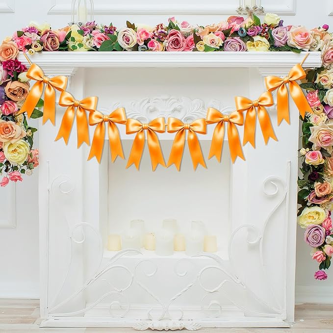 1 String of 8PCS Golden Yellow Bow Garland Banner Decoration,Pre-Strung Satin Ribbon Ornaments for Birthday,Christmas,The Fall Festival,Thanksgiving,Halloween,Anniversary,Wedding,Baby Shower