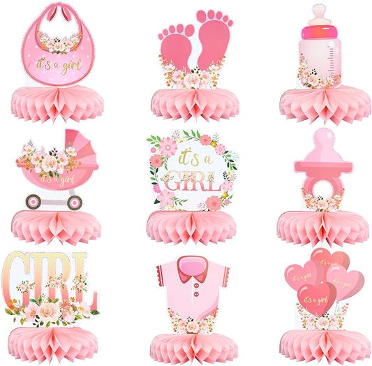 Gyufise 9Pcs Pink Baby Shower Decorations Honeycomb Centerpieces for Girls Floral It's a Girl Gender Reveal Table Centerpiece Party Supplies Baby Girl Pregnancy Announcement Table Topper