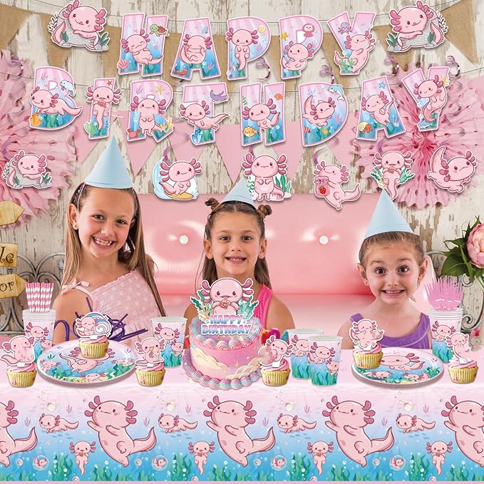 164PCS Pink Cartoon Axolotl Birthday Party Decorations, Tableware Axolotl Party Supplies Plates and Napkins Set, Banner, Hanging Swirls, Tablecloth, Cake Cupcake Topper, Reptile Animals Baby Shower