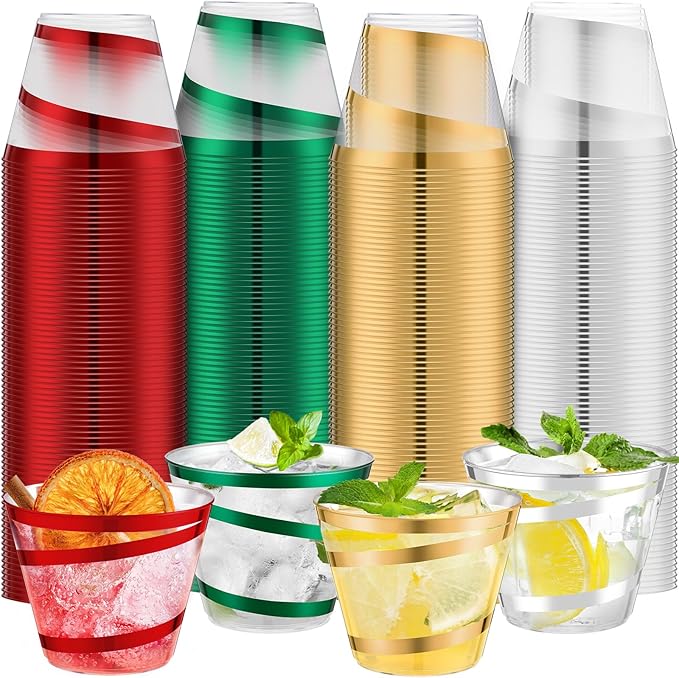 Gejoy 9 oz Rimmed Swirl Plastic Cups Disposable Wine Drinking Cups Clear Elegant Halloween Tumblers for Christmas Party Supplies(Red,Green,Gold,Silver,100 Pcs)