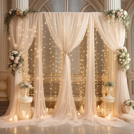 20ft x 10ft Champagne Backdrop Curtain with Lights String for Parties, Sheer Tulle Wedding Photo Backdrops Drapes for Baby Shower Birthday Party Decorations Background for Photography