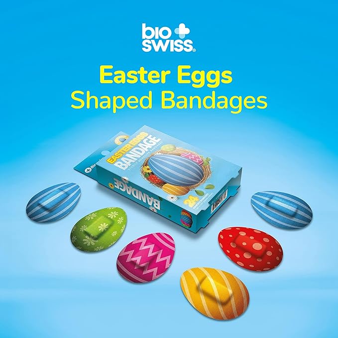 BioSwiss Kids Bandages, Easter Egg Shaped Self Adhesive Bandage Set, Latex Free, Sterile Wound Care, 24 Count