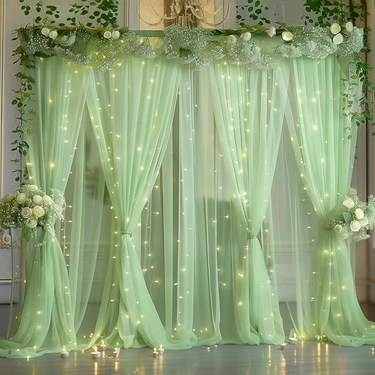 30ft x 10ft Green Backdrop Curtain with Lights String for Parties, Sheer Tulle Wedding Photo Backdrops Drapes for Baby Shower Birthday Party Decorations Background for Photography