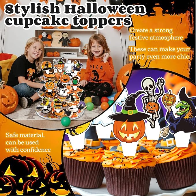 24 PCS Vintage Halloween Cupcake Toppers Halloween Happy Birthday Party Decorations Cake Decor Cupcake Decorations Cake Decorating Party Supplies Decor for Baby Shower Boys Girls