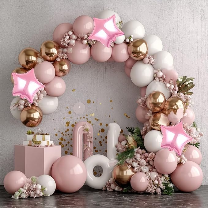 Pink White and Gold Balloon Garland Arch Kit, 160Pcs Pink White Rose Gold Chrome Gold Latex Balloons with Star Foil Balloons for Baby Bridal Shower Wedding Valentine’s Day Birthday Party Decorations