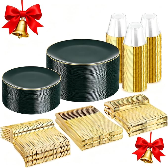 WDF 300Pcs Green Plates Disposable - Heavy Duty Green Plates - 50Guest Christmas Plastic Dinnerware Include 50 Dinner Plate, 50 Dessert Plate, 150 Cutlery & 50 9oz Cups for Christmas Parties
