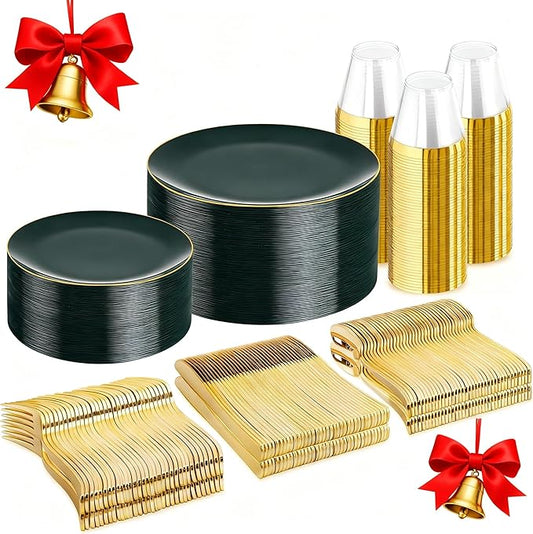 WDF 300Pcs Green Plates Disposable - Heavy Duty Green Plates - 50Guest Christmas Plastic Dinnerware Include 50 Dinner Plate, 50 Dessert Plate, 150 Cutlery & 50 9oz Cups for Christmas Parties