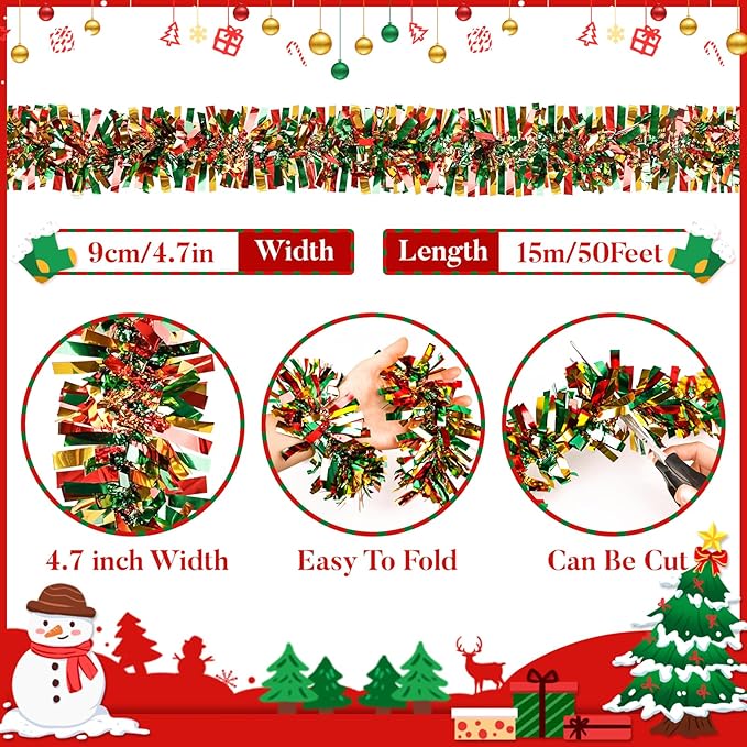 50Ft Christmas Tinsel Garland, Red Grenn Gold Metallic Twist Garland for Xmas Tree Decorations, Tinsel for New Year Party Ceiling Hanging Decorations Indoor and Outdoor Decor