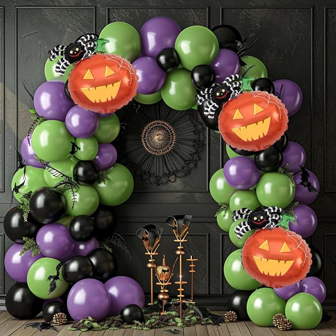 Halloween Balloon Garland Arch Kit, 160Pcs Green Purple Black Balloons with Soider Pumpkin Foil Balloons for Halloween Party Decorations