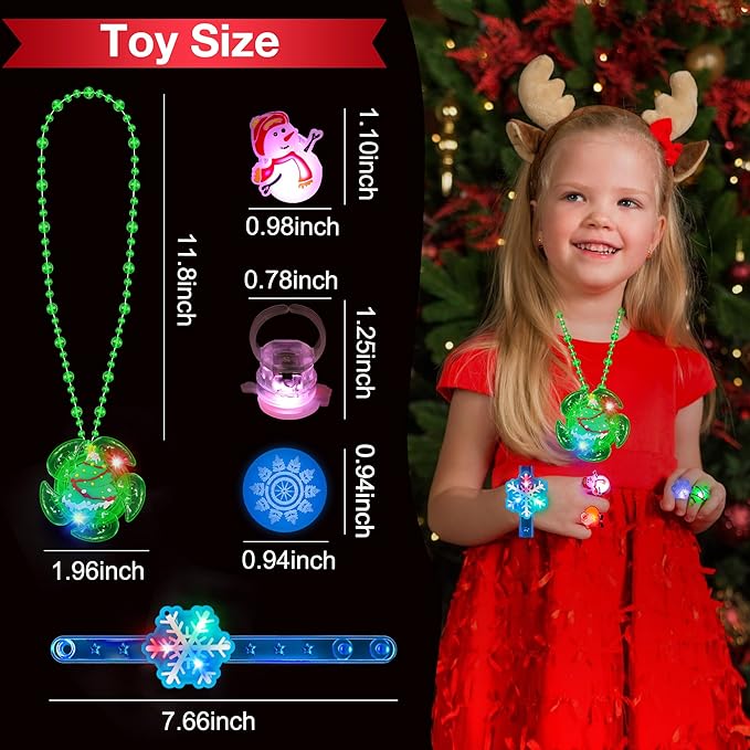 64 PCS Christmas Party Favors Bulk Glow in The Dark Party Supplies LED Christmas Toys Bulk Light Up Necklace Bracelet Rings Xmas Toy Gifts for Stocking Stuffers Holiday Favors Classroom Rewards Prizes