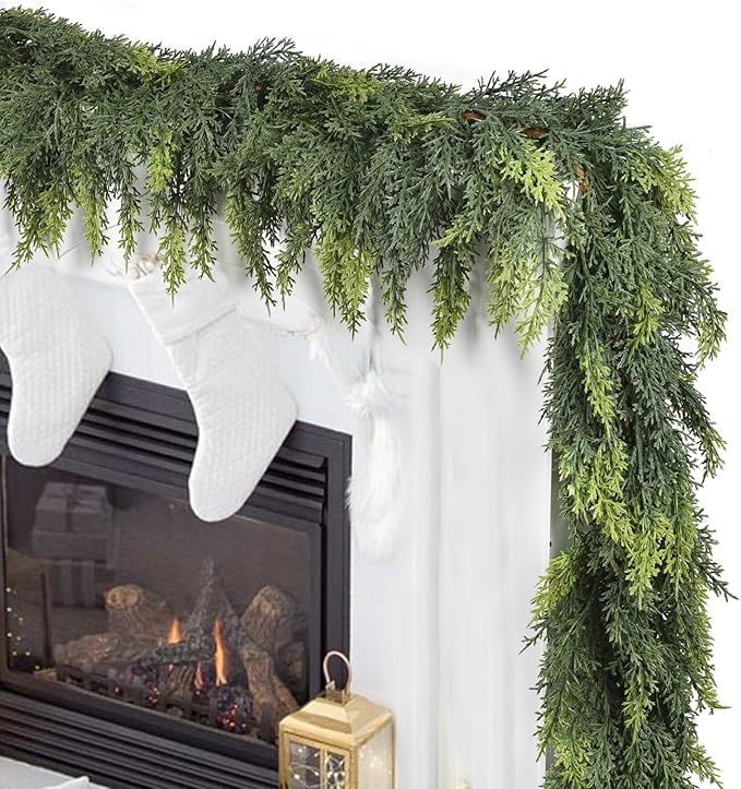 Artificial Christmas Cedar Garland, 6 Ft Realistic Cypress Pine Greenery for Indoor Outdoor Holiday Decoration, Mantel, Fireplace