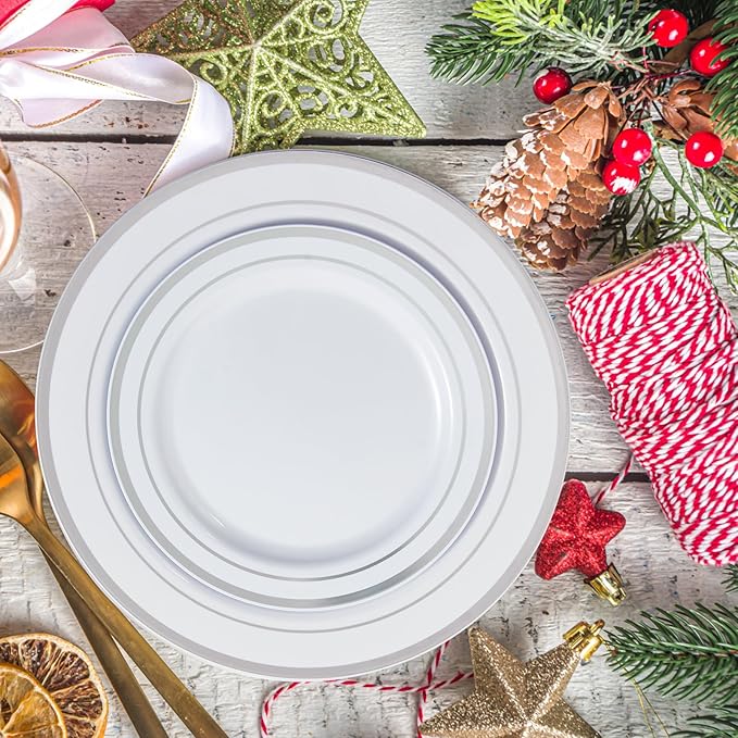 JollyPack 100 Piece Disposable Silver Plastic Party Plates, Including 50 10 Inch Dinner Plates and 50 7 Inch for Dessert, Great for Parties, Weddings, Home Use, and Christmas