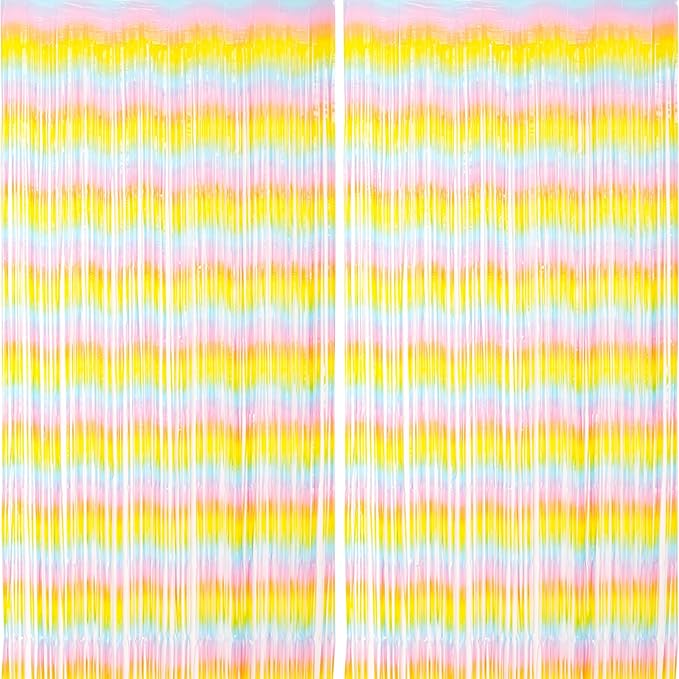2 Pack Pastel Rainbow Foil Fringe Backdrop Curtains, Tinsel Streamers Birthday Party Decorations, Fringe Backdrop for Baby Shower, Gender Reveal, Birthday Party