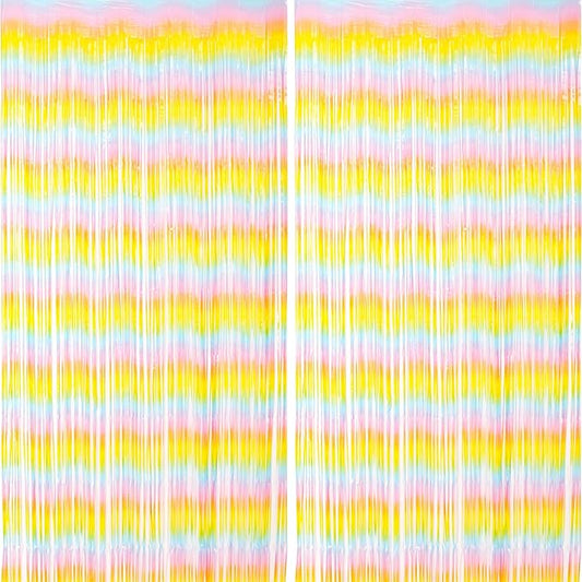 2 Pack Pastel Rainbow Foil Fringe Backdrop Curtains, Tinsel Streamers Birthday Party Decorations, Fringe Backdrop for Baby Shower, Gender Reveal, Birthday Party