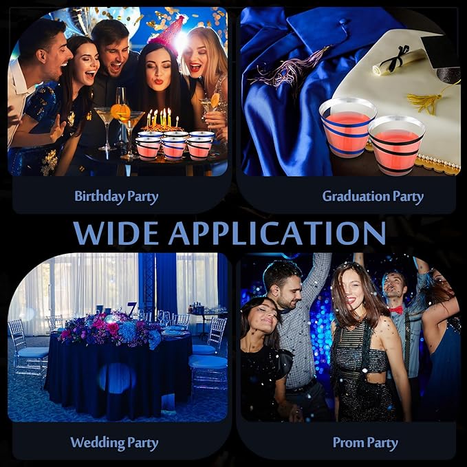 Gejoy 9 oz Rimmed Swirl Plastic Cups Disposable Wine Drinking Cups Clear Elegant Halloween Tumblers for Christmas Party Supplies(Black, Blue,100 Pcs)