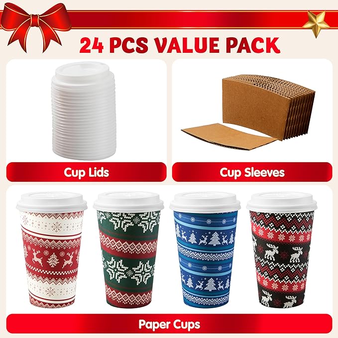 JOYIN 24 PCS Christmas Disposable Paper Cups, 16 oz Merry Christmas Party Cups With Sleeves and Lids, 4 Designs Xmas Drinkware Winter Drinkware, Tableware Holiday Party Supplies