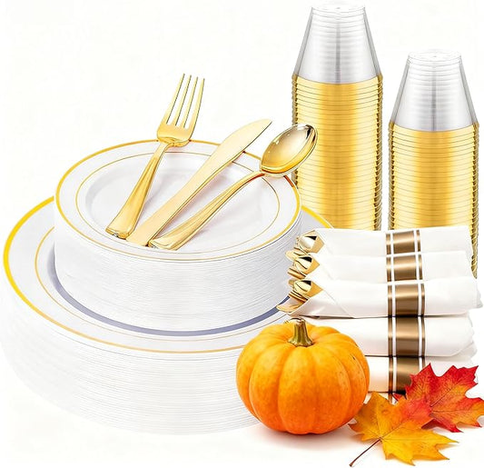 175PCS White and Gold Plastic Plates - Thanksgiving Plates with Rolled Napkins for Party - 25Guest Disposable Dinnerware Sets for Party/Thanksgiving/Wedding