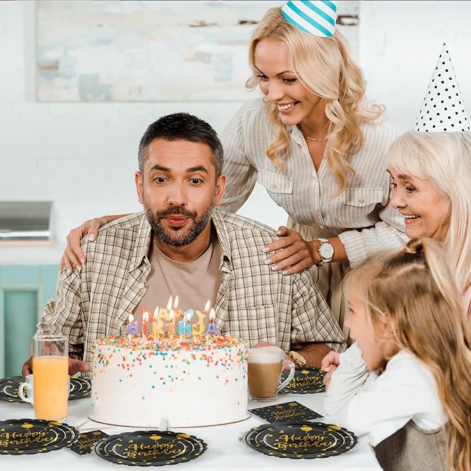50PCS Happy Birthday Paper Plates and Napkins - 7 Inch Birthday Cake Plates Scalloped Black and Gold Dessert Plates and 6.5 Inch Napkins Disposable Tableware Set, Serves 25