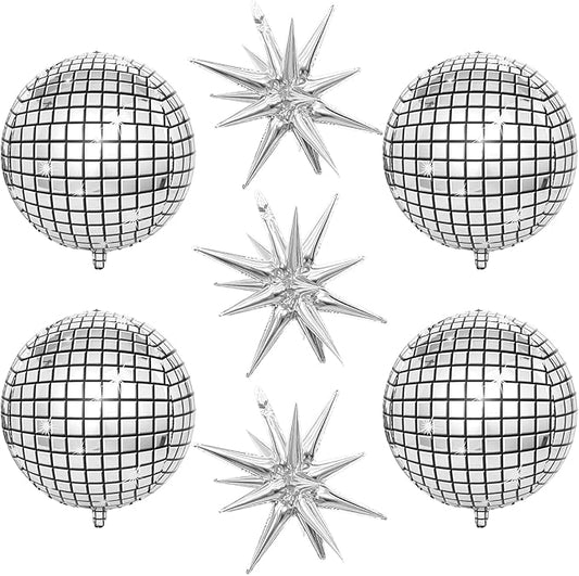 22 Inch Large 4D Metallic Silver Disco Ball Balloon with Explosion Star Foil Balloons for 70s 80s 90s Themed Party, Birthday, New Year, Graduation