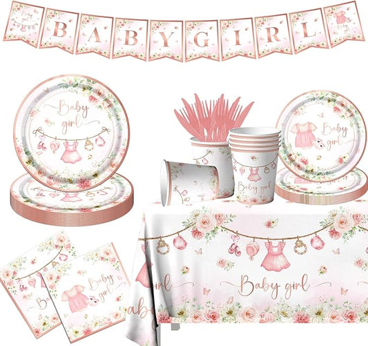 Rose Gold Baby Shower Tableware Set,Pink Girl Baby Shower Plates and Napkins Sets Include Baby Shower Plates Napkins Cups Floral Baby Girl Tablecloth for Girl Baby Shower Gender Reveal Party Supplies