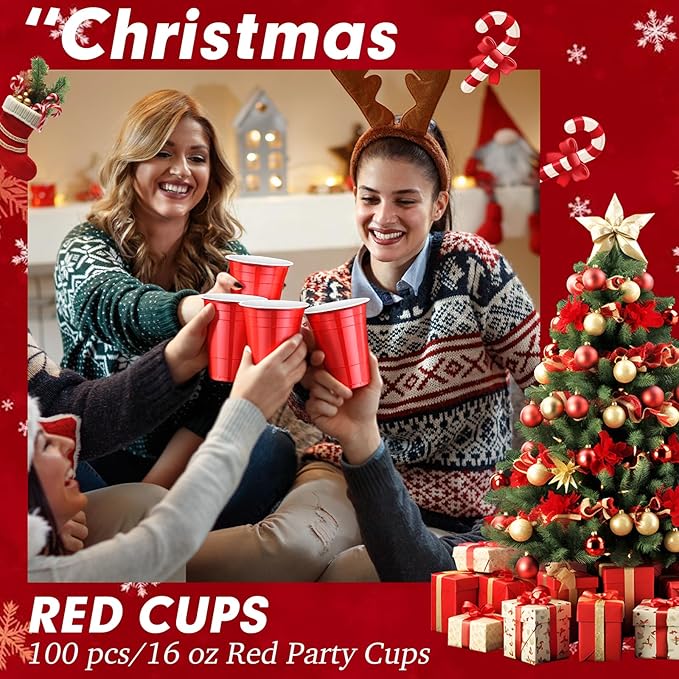Dualshine 100 Pack Red Plastic Cups 16 oz, Disposable Cups for Party, Heavy Duty Drinking Cup, Graduation Shot Cup for Wedding Birthday Beer Taste Serving Snack Sample Tastings Barbecues and Christmas