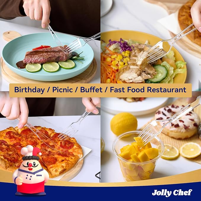 JOLLY CHEF 300 Count Clear Plastic Forks Heavy Duty, 7.1" Heat Resistant Solid and Durable Plastic Forks Disposable, Disposable Bulk Cutlery Suitable for Parties Supply Events Everyday Use