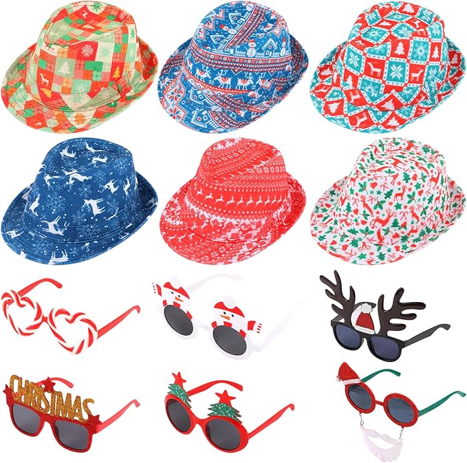 12pcs Christmas Photo Booth Prop, 6pcs Fedora Hats, 6pcs Party Sunglasses for Adult, Teen, Ugly Sweater Hat, Funny Glasses, Merry Xmas Carnival Party Costume Prop