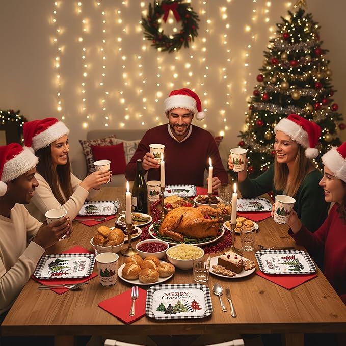 350 Pcs Christmas Party Supplies Christmas Tree Hanging Ball Party Tableware Set Square Paper Plates Disposable Napkins Cups Plastic Cutlery for Xmas Holiday Serves 50 Guests (Xmas Plaid Tree)