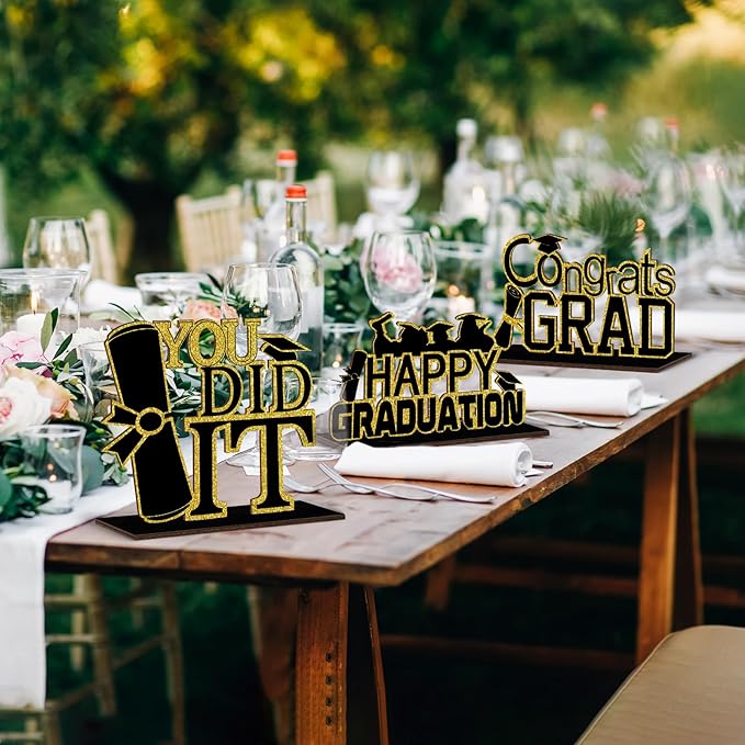 (4 Pcs) KSKSPE Graduation Decorations Party Supplies Table Centerpieces,Graduation Theme Design and Sturdy Wooden for Graduation Party Favors Decorations,Black