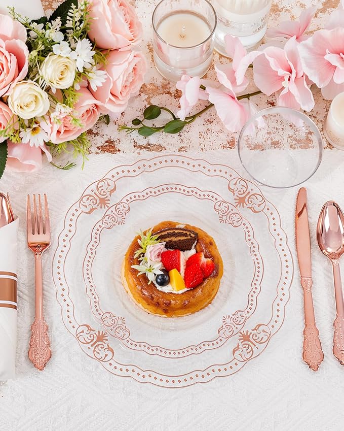 Ciaell 350 PCS Rose Gold Plastic Plates - Rose Gold Disposable Plates Dinnerware Include 50 Disposable Plate, 50 Heavy Duty Silverware, 50 Cups, 50 Napkins for Wedding & Party & Anniversary