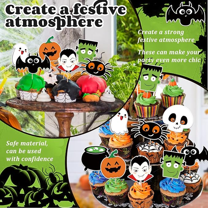 24 PCS Halloween Happy Birthday Cupcake Toppers Halloween Party Decorations Cake Decor Cupcake Decorations Cake Decorating Party Supplies Decor for Baby Shower Boys Girls