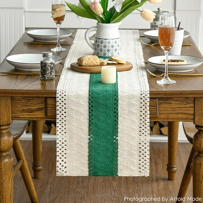Artoid Mode Dark Green Farmhouse Rustic Table Runner, Seasonal Holiday Hollow Kitchen Dining Table Decoration for Home Party Decor 12x36 Inch