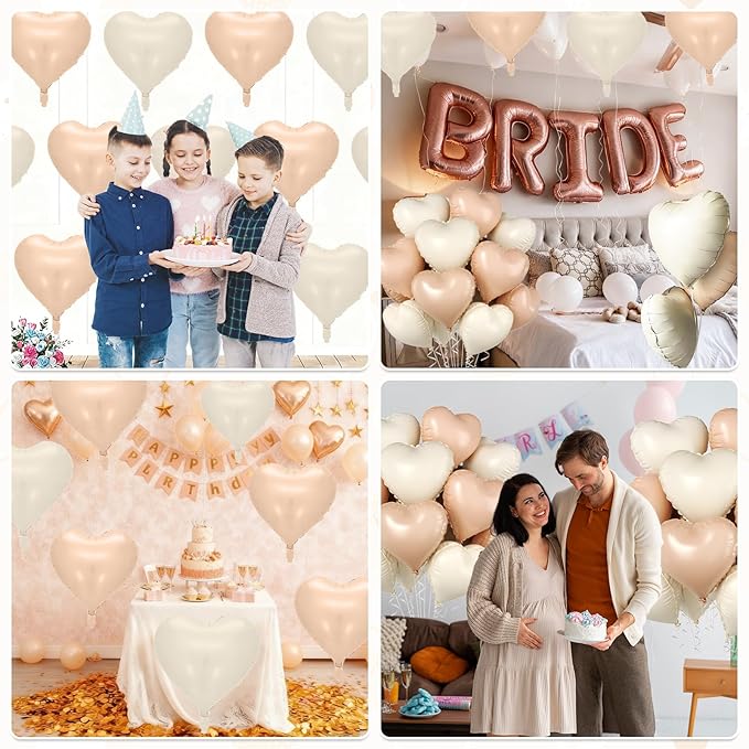 Cream Apricot Heart Balloons, 10 Pcs Beige White Caramel Foil Heart Shaped Balloon, 18 Inch Nude Neutral Balloons Helium for Engagement, Brithday, Baby Shower, Wedding, Valentines Party Decorations